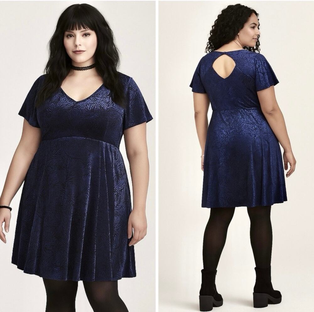 Torrid Burnout Velvet Skater Dress Open Back Women's Large Black Blue Whimsygoth